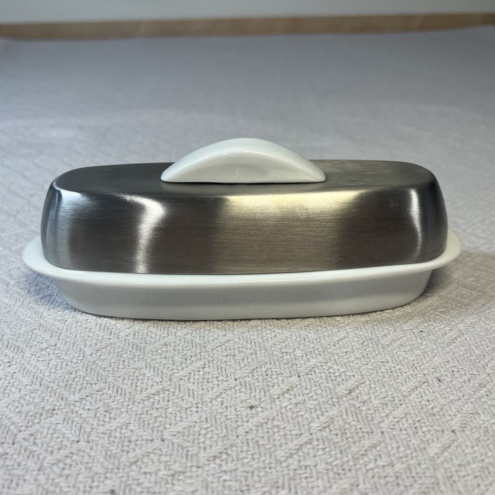 Trudeau Stainless And Porcelain Butter Dish 7” stainless steel and white